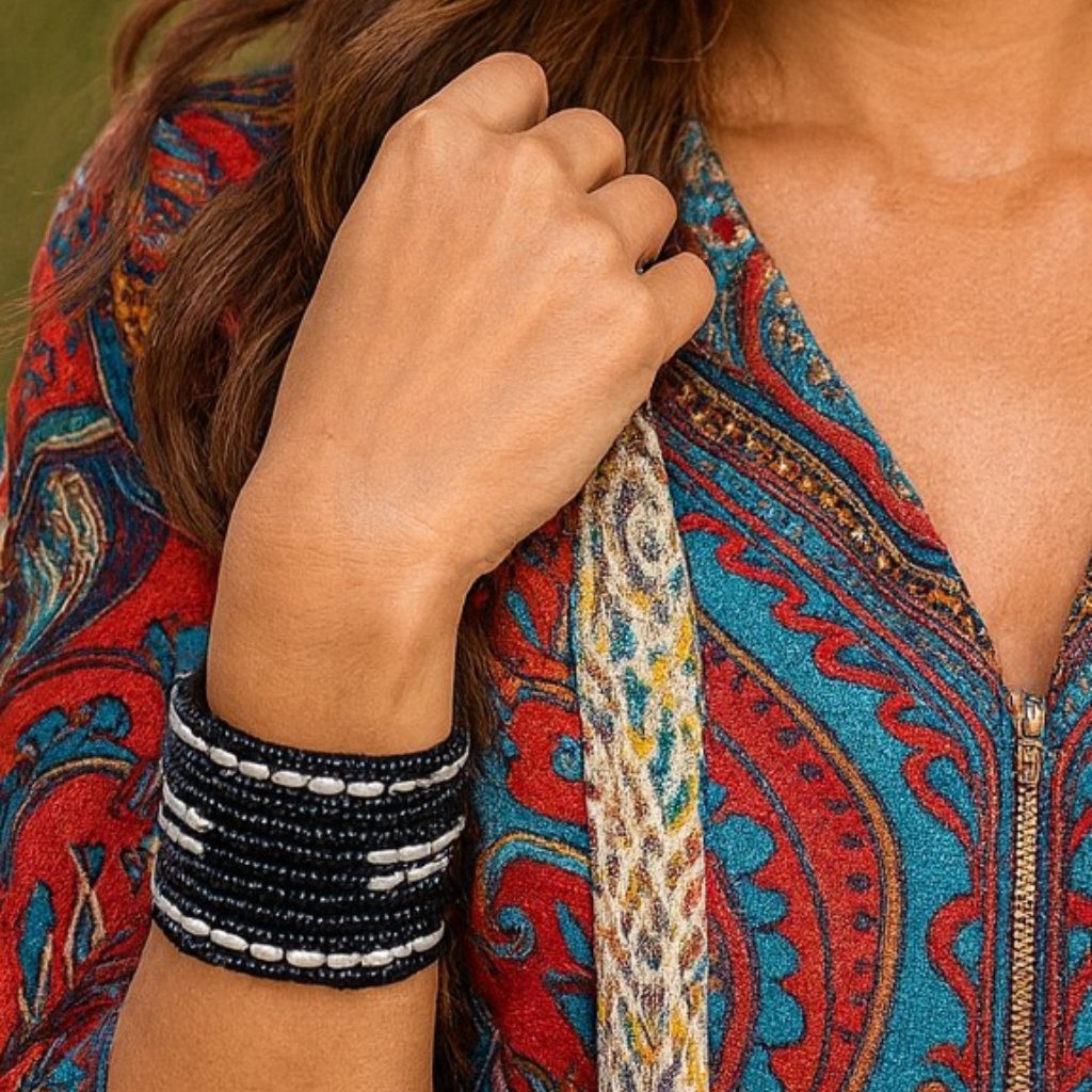 15-Strand Black Beaded Bracelet Bohemian Fashion Boho Tribal Wide Cuff Nwt